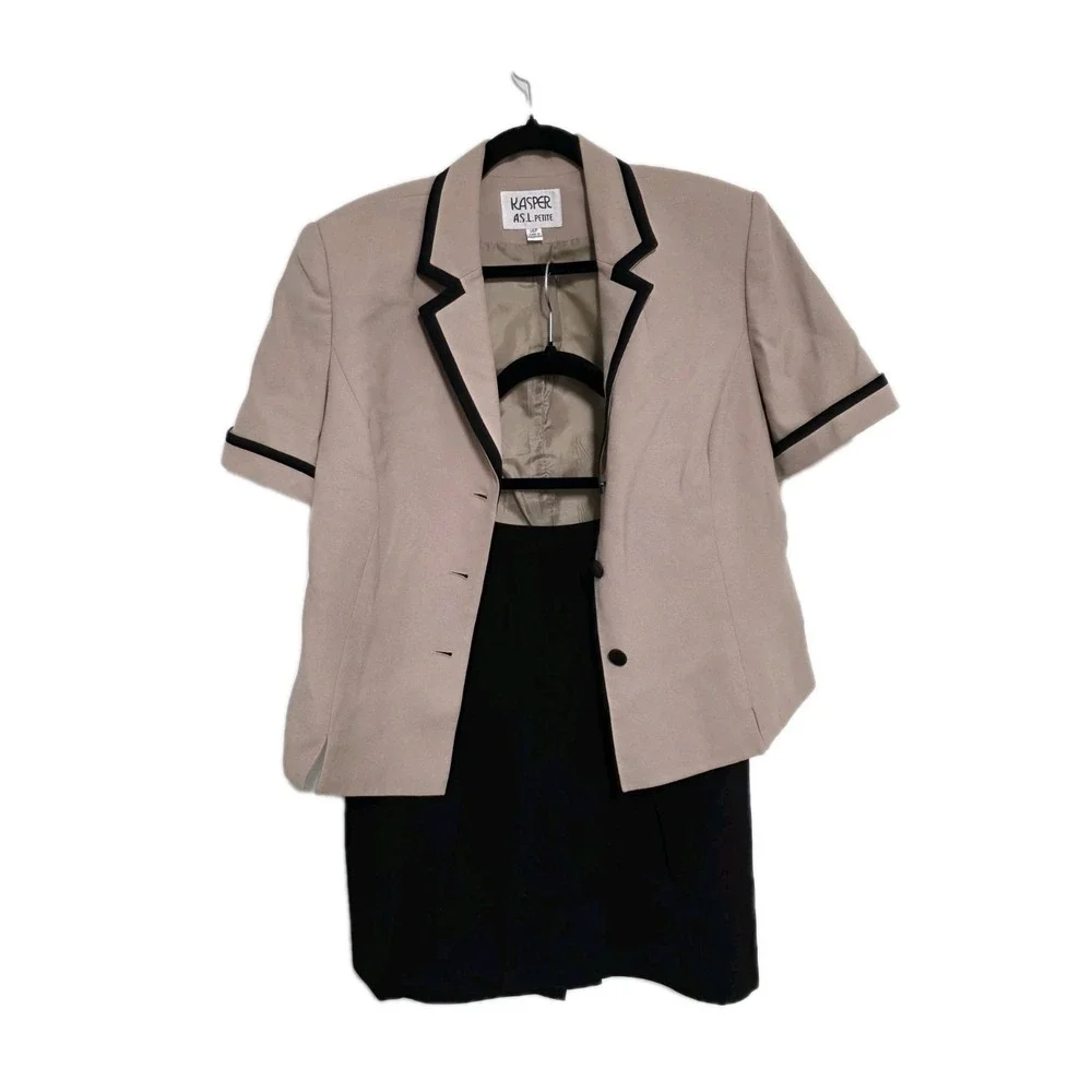 🧥 Kasper A.S.L. Petite 2-Piece‎ Skirt Suit Taupe/Black Trim Career 14P 🖤